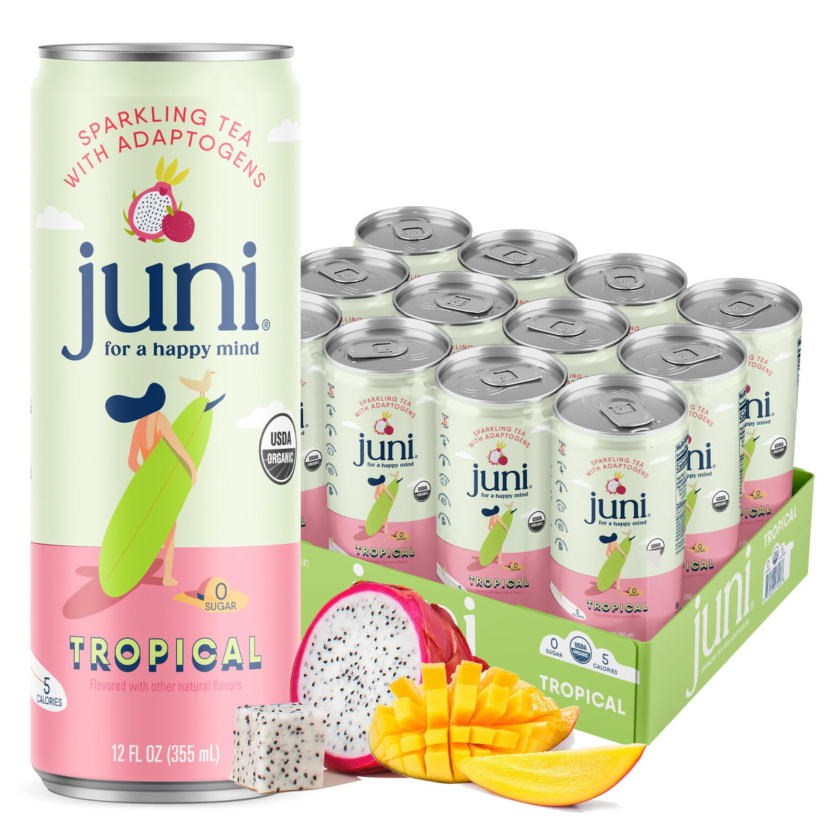 JUNI Sparkling Adaptogen Drink Tropical Mango Dragonfruit — Zero Sugar, 5 Calories, Organic, Green Tea for Focus | Non Alcoholic 12-Pack