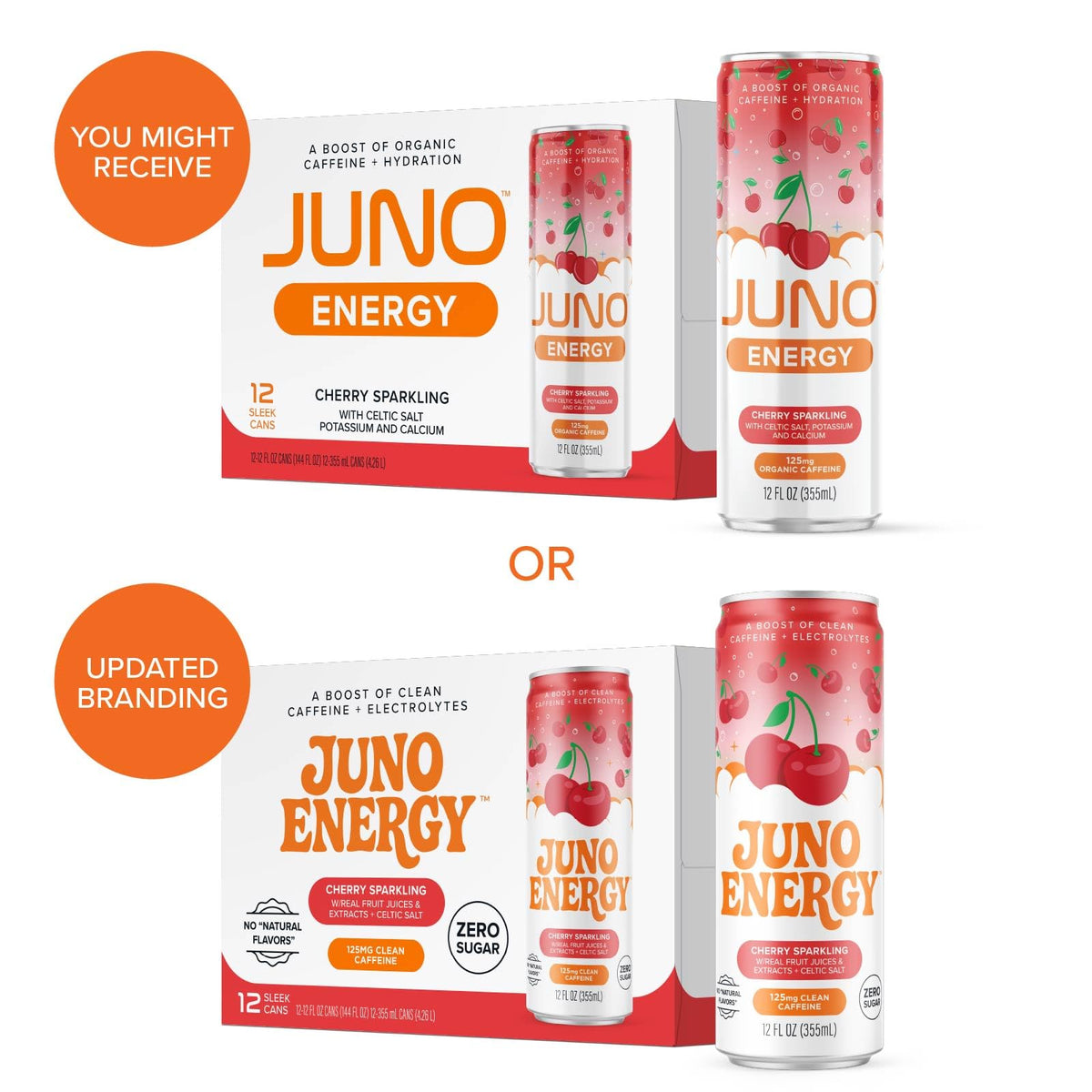 JUNO ENERGY Organic Cherry Sparkling Energy Drink – Sugar Free, 125mg Caffeine, Hydration (12 Pack)