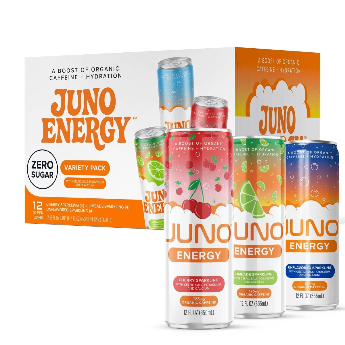 JUNO ENERGY Variety Pack – Sugar-Free Electrolyte Drink with 125mg Organic Caffeine, Lime & Cherry, Stevia Sweetener, 12 Pack | Vegan, Gluten-Free