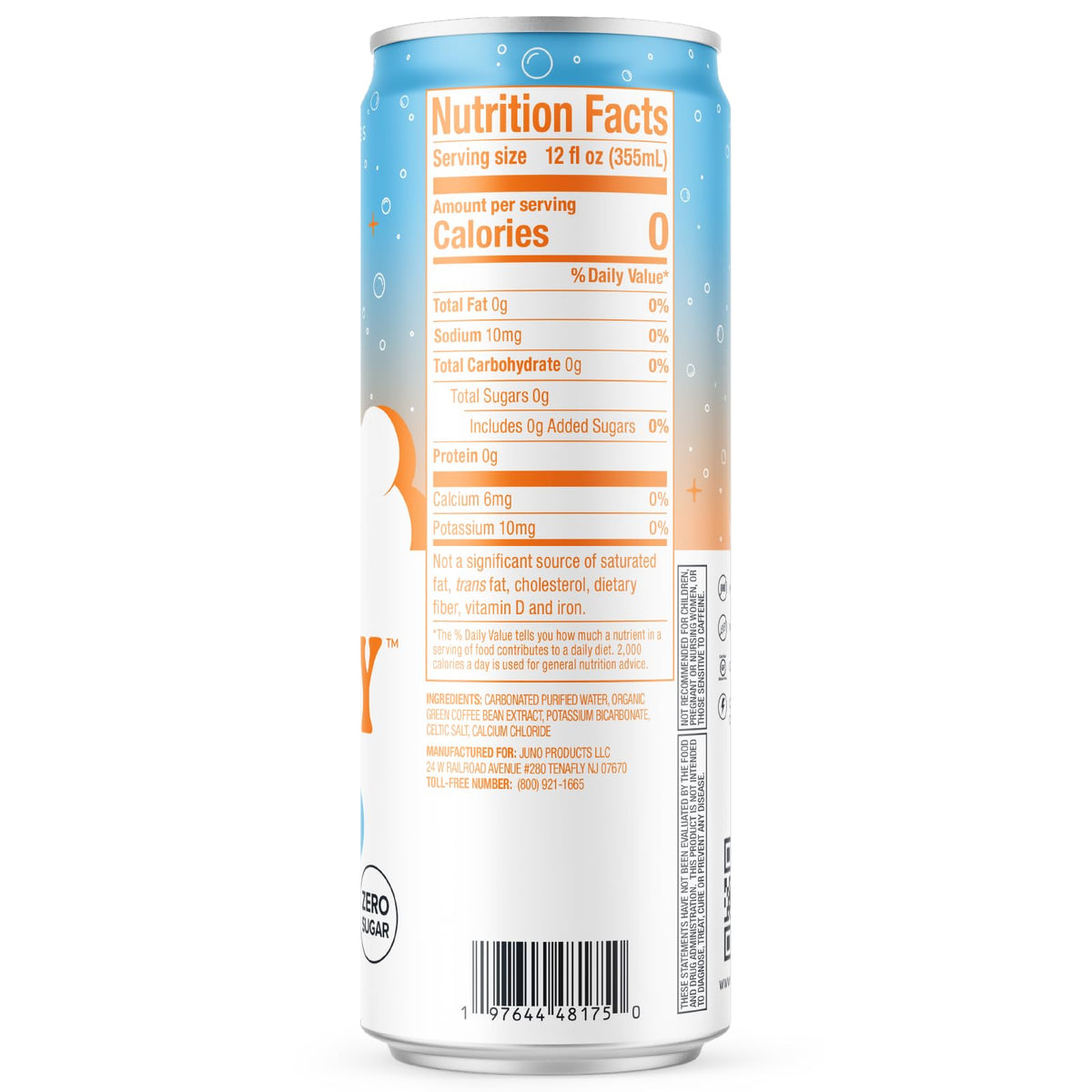 JUNO ENERGY Unflavored Sparkling Energy Drink – Sugar Free, 125mg Organic Caffeine, Celtic Salt & Hydration – 12 Pack