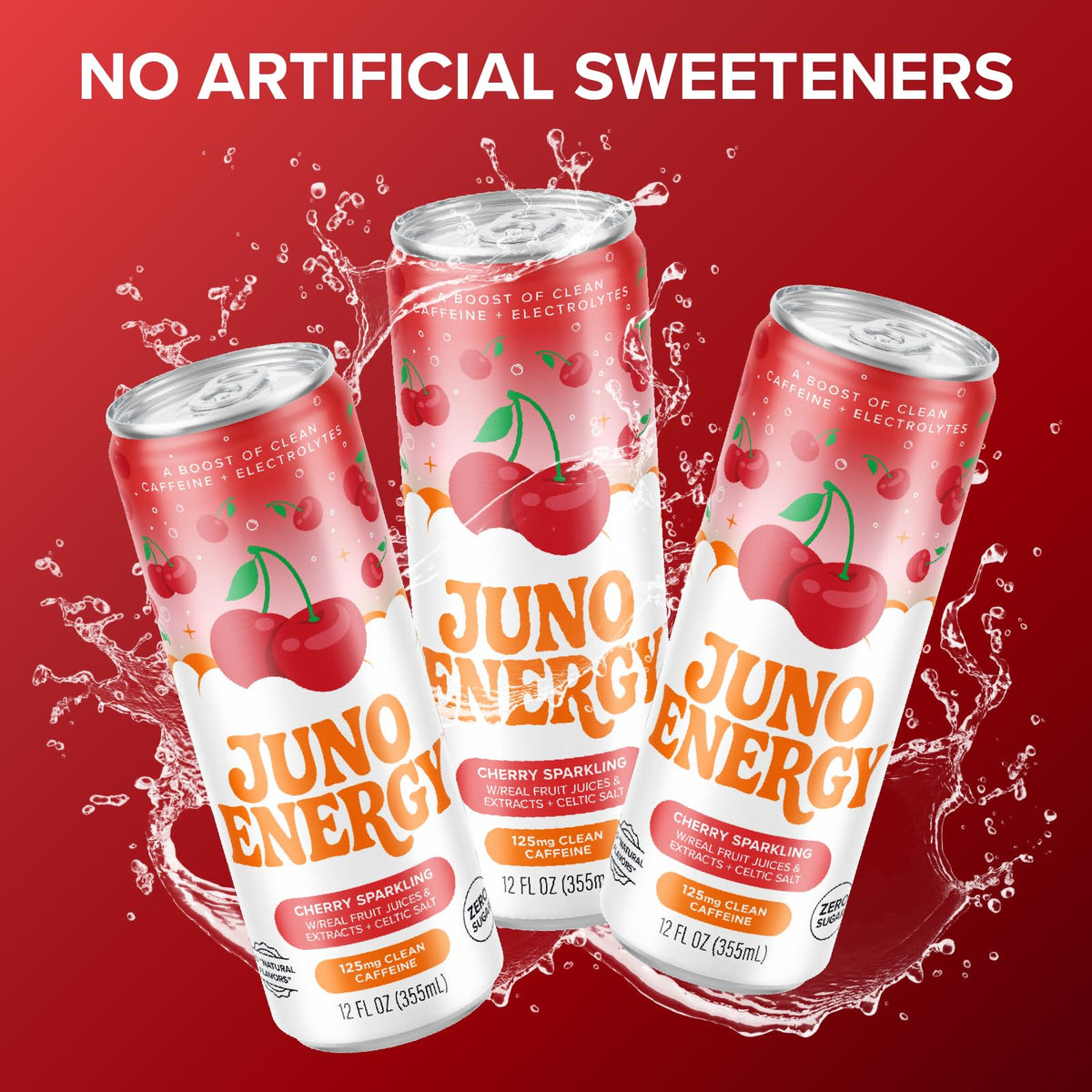 JUNO ENERGY Organic Cherry Sparkling Energy Drink – Sugar Free, 125mg Caffeine, Hydration (12 Pack)