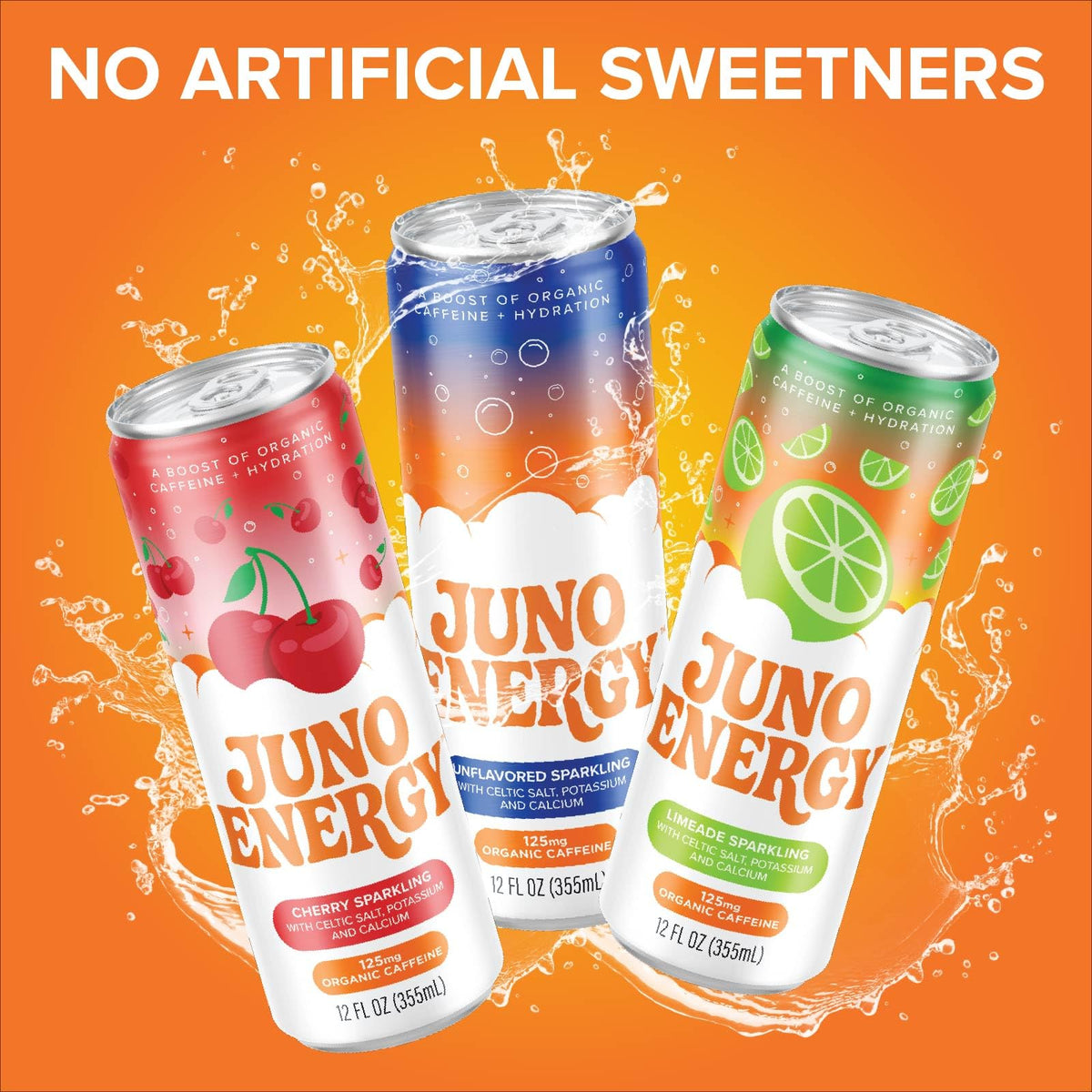 JUNO ENERGY Variety Pack – Sugar-Free Electrolyte Drink with 125mg Organic Caffeine, Lime & Cherry, Stevia Sweetener, 12 Pack | Vegan, Gluten-Free
