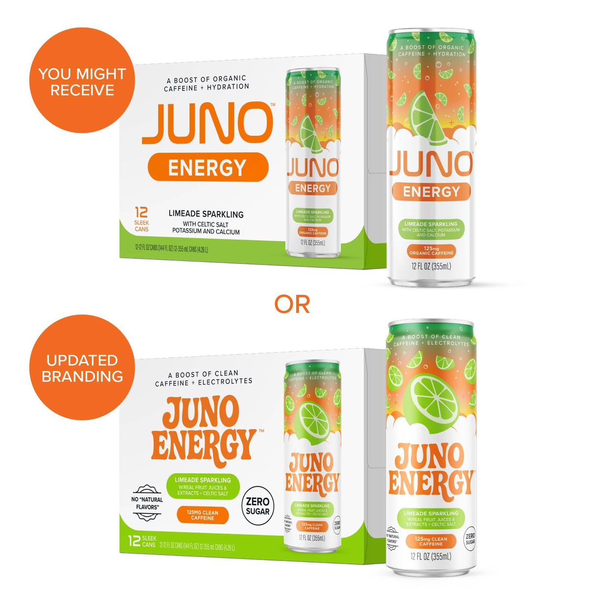 JUNO ENERGY Limeade Sparkling Energy Drink — Sugar Free, 125 mg Caffeine, Electrolytes, Lime Flavor | Vegan, Gluten Free | 12 Pack