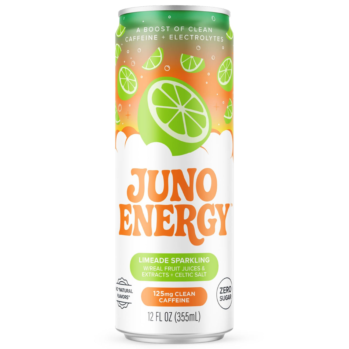 JUNO ENERGY Limeade Sparkling Energy Drink — Sugar Free, 125 mg Caffeine, Electrolytes, Lime Flavor | Vegan, Gluten Free | 12 Pack