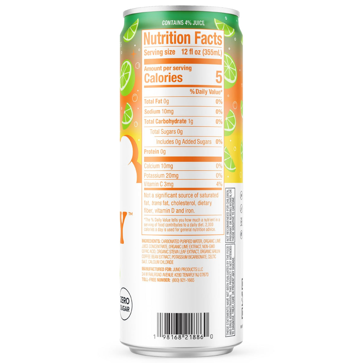 JUNO ENERGY Limeade Sparkling Energy Drink — Sugar Free, 125 mg Caffeine, Electrolytes, Lime Flavor | Vegan, Gluten Free | 12 Pack