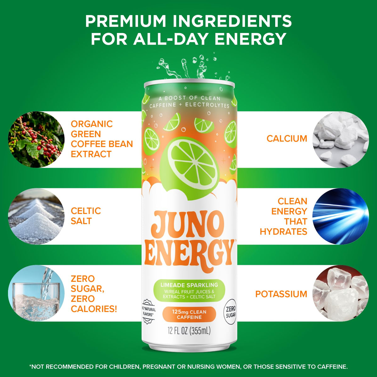 JUNO ENERGY Limeade Sparkling Energy Drink — Sugar Free, 125 mg Caffeine, Electrolytes, Lime Flavor | Vegan, Gluten Free | 12 Pack