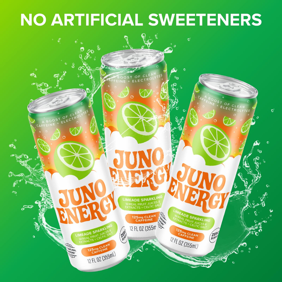 JUNO ENERGY Limeade Sparkling Energy Drink — Sugar Free, 125 mg Caffeine, Electrolytes, Lime Flavor | Vegan, Gluten Free | 12 Pack