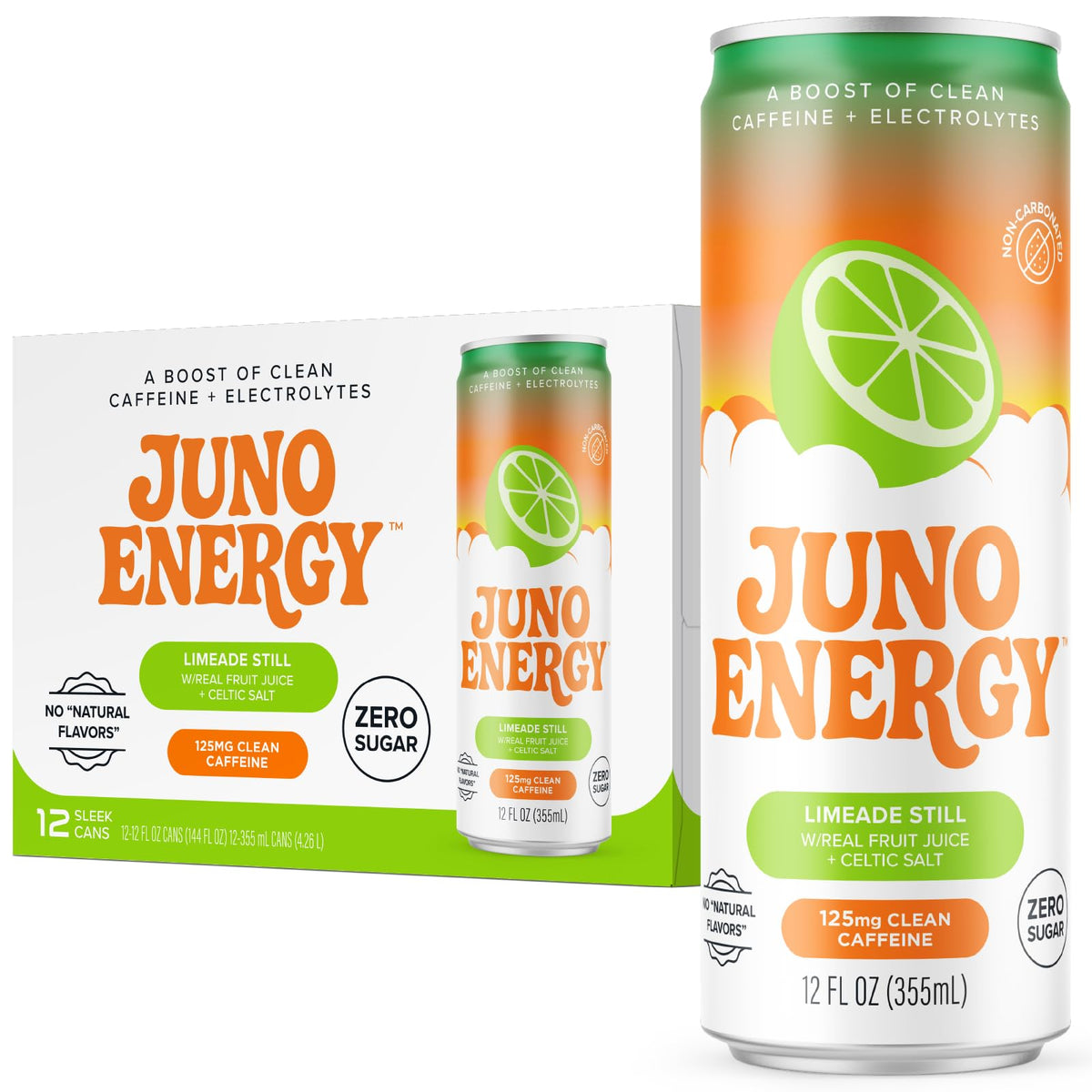 JUNO ENERGY Limeade Still Energy Drink – Sugar Free, 125mg Caffeine, Hydration with Stevia | Vegan, Gluten Free, 12 Pack