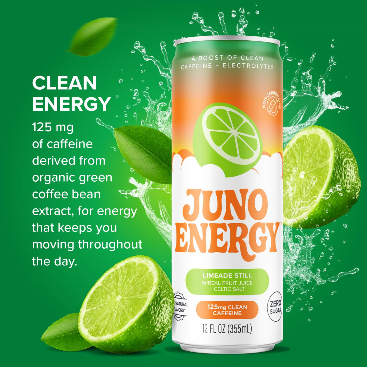 JUNO ENERGY Limeade Still Energy Drink – Sugar Free, 125mg Caffeine, Hydration with Stevia | Vegan, Gluten Free, 12 Pack