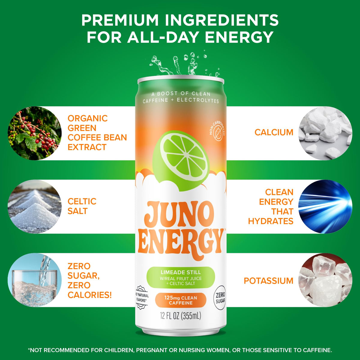 JUNO ENERGY Limeade Still Energy Drink – Sugar Free, 125mg Caffeine, Hydration with Stevia | Vegan, Gluten Free, 12 Pack