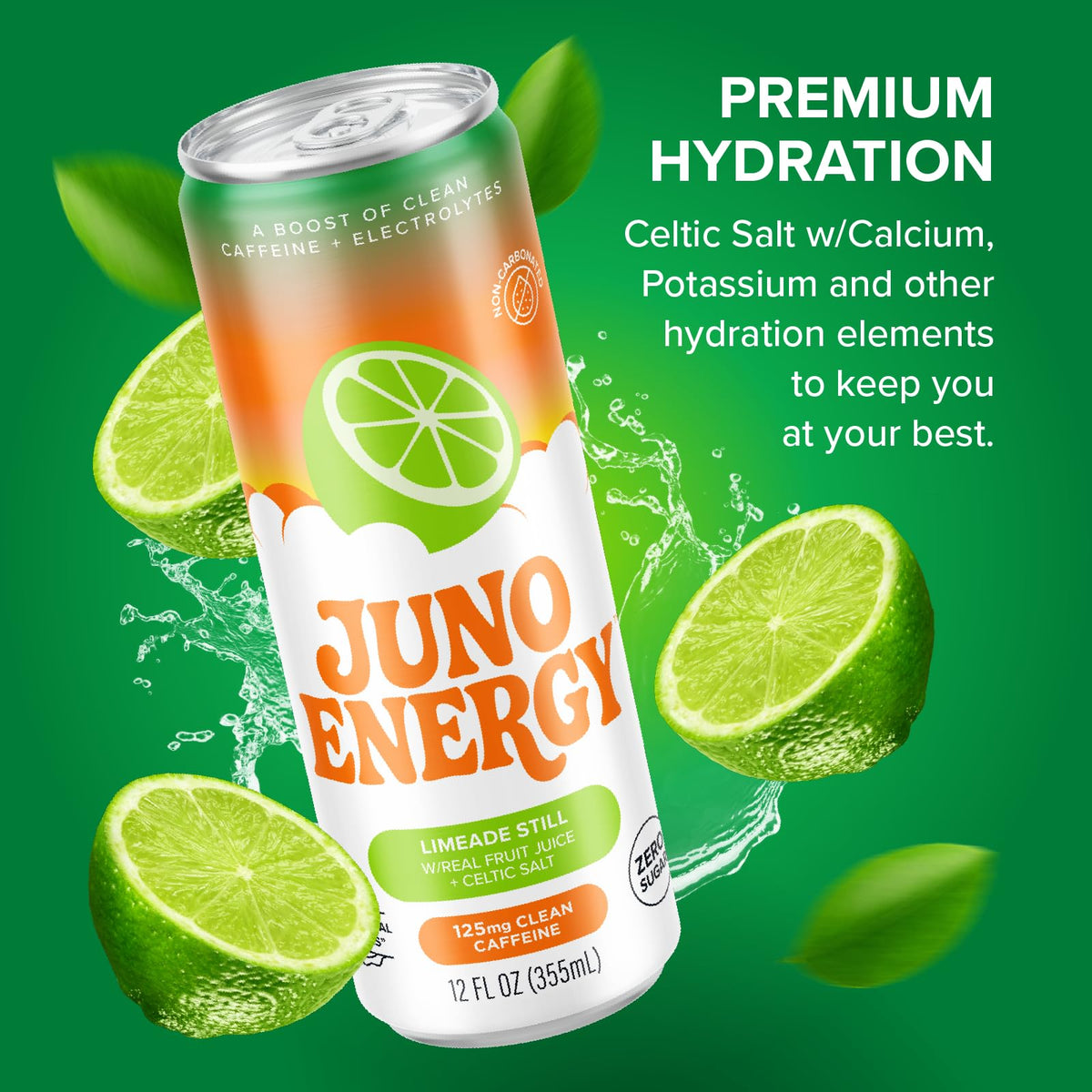 JUNO ENERGY Limeade Still Energy Drink – Sugar Free, 125mg Caffeine, Hydration with Stevia | Vegan, Gluten Free, 12 Pack