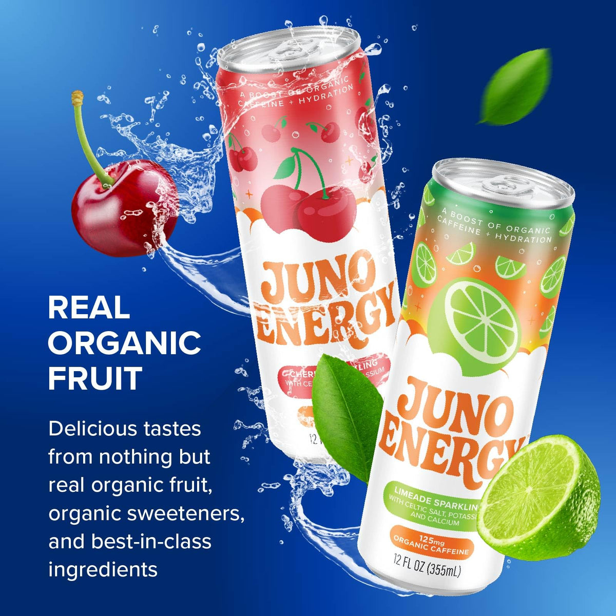 JUNO ENERGY Variety Pack – Sugar-Free Electrolyte Drink with 125mg Organic Caffeine, Lime & Cherry, Stevia Sweetener, 12 Pack | Vegan, Gluten-Free