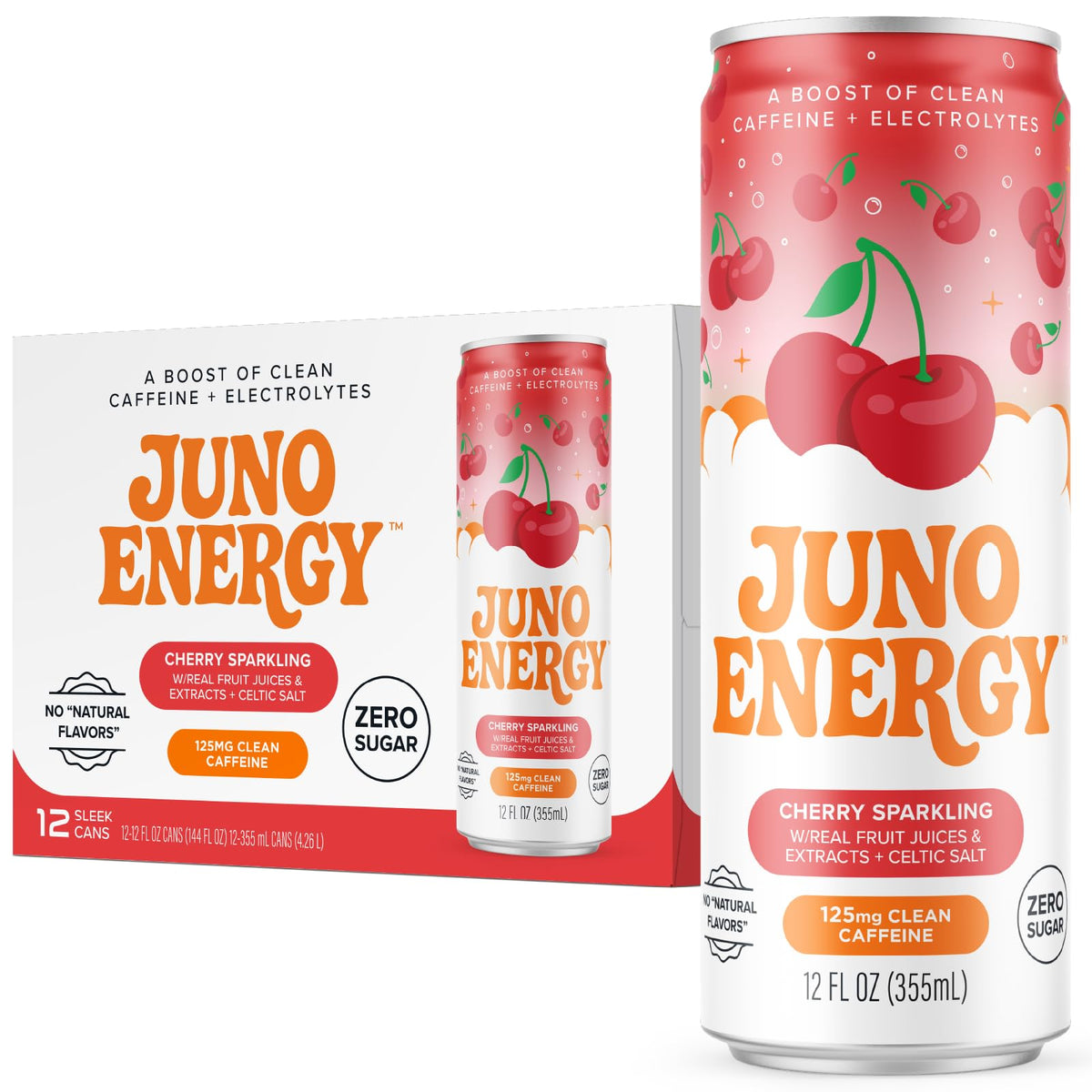 JUNO ENERGY Organic Cherry Sparkling Energy Drink – Sugar Free, 125mg Caffeine, Hydration (12 Pack)