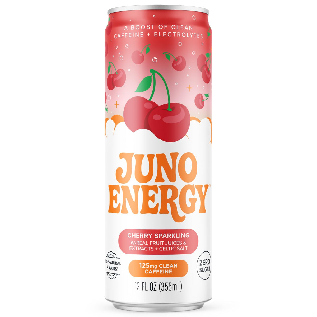 JUNO ENERGY Organic Cherry Sparkling Energy Drink – Sugar Free, 125mg Caffeine, Hydration (12 Pack)