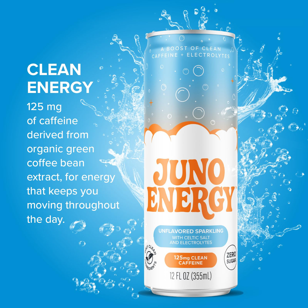 JUNO ENERGY Unflavored Sparkling Energy Drink – Sugar Free, 125mg Organic Caffeine, Celtic Salt & Hydration – 12 Pack