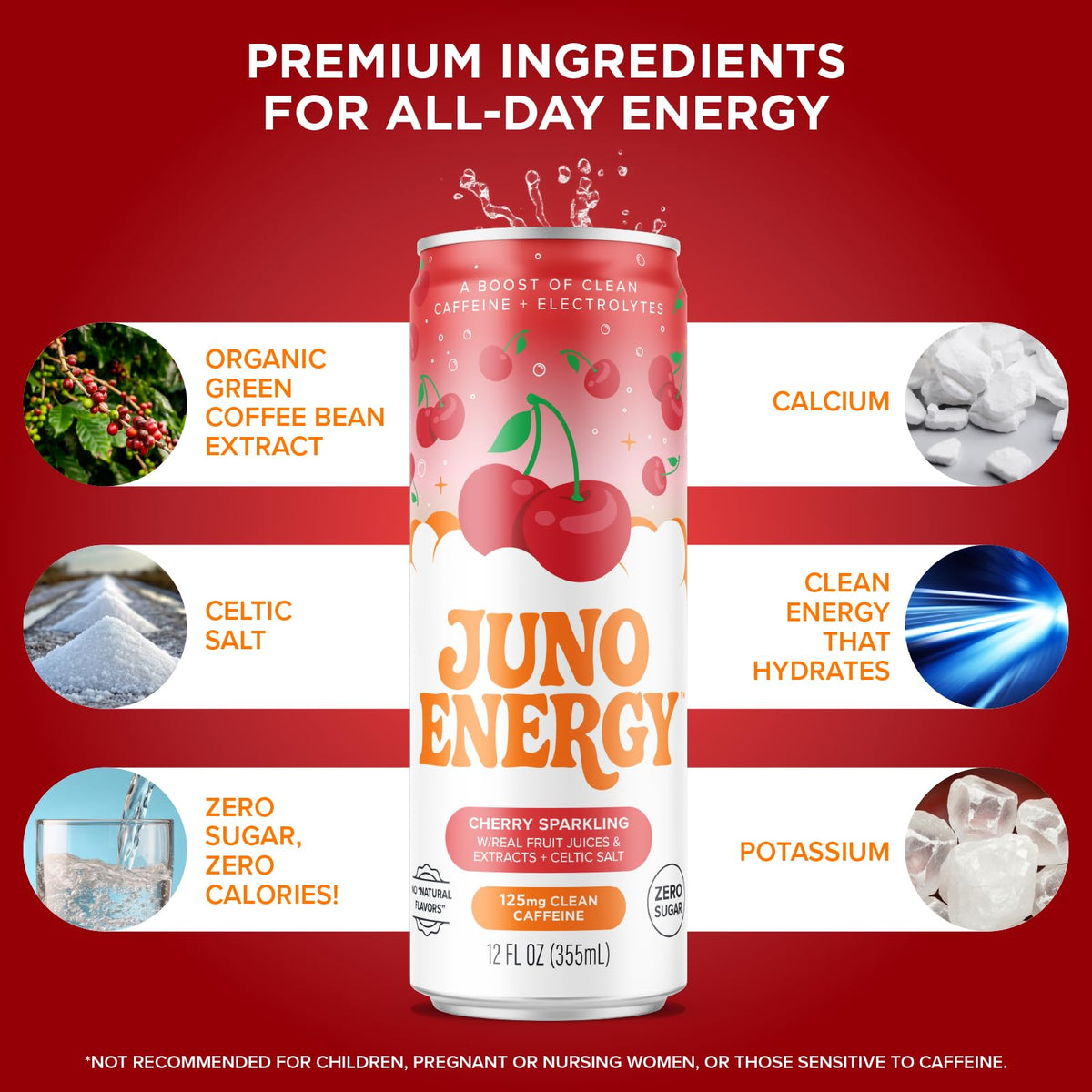 JUNO ENERGY Organic Cherry Sparkling Energy Drink – Sugar Free, 125mg Caffeine, Hydration (12 Pack)