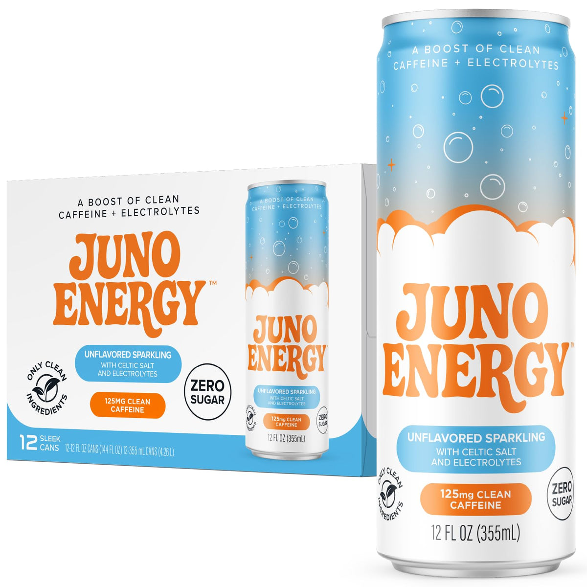 JUNO ENERGY Unflavored Sparkling Energy Drink – Sugar Free, 125mg Organic Caffeine, Celtic Salt & Hydration – 12 Pack