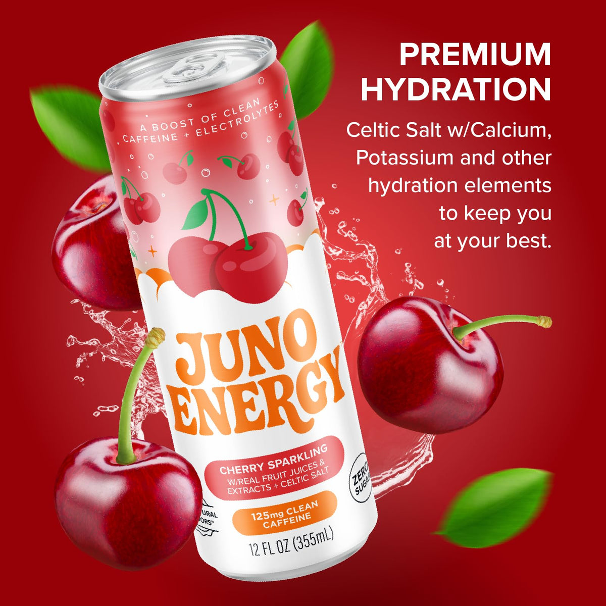 JUNO ENERGY Organic Cherry Sparkling Energy Drink – Sugar Free, 125mg Caffeine, Hydration (12 Pack)