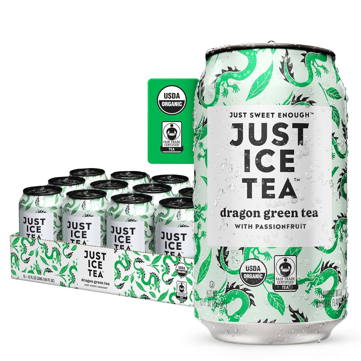 Just Ice Tea Dragon Green Iced Tea - 12-Pack (12oz Cans) | Organic, Real Brewed, Low Calorie, Fair Trade, Made in USA