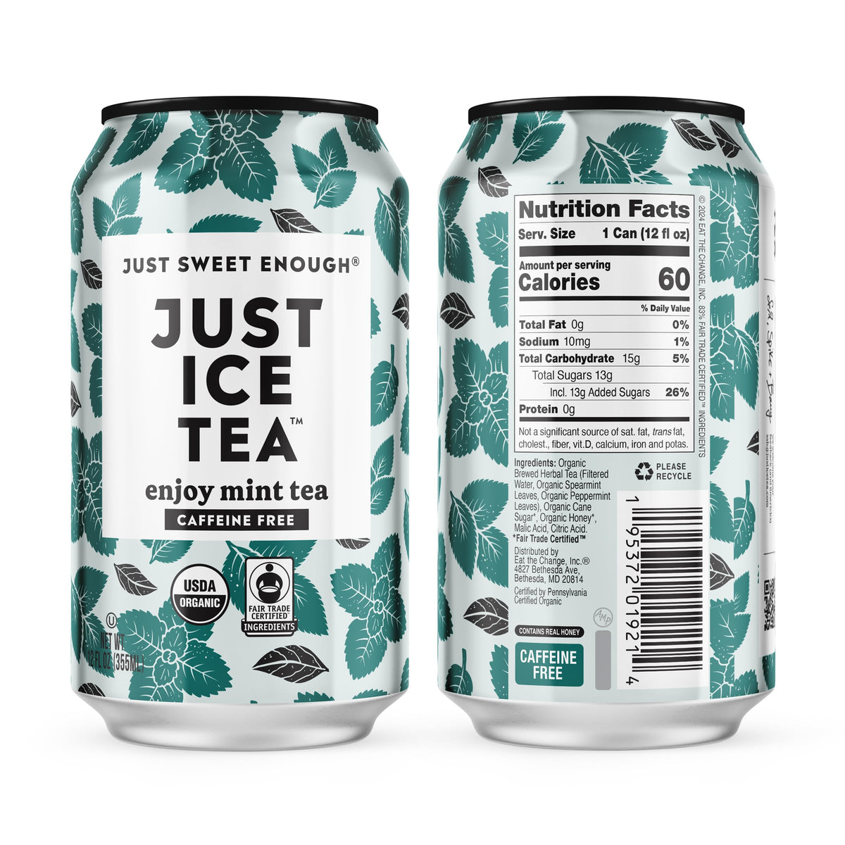 Just Ice Tea Mint Iced Tea: 12-Pack, Caffeine-Free Herbal, Organic & Fair Trade, Made in USA