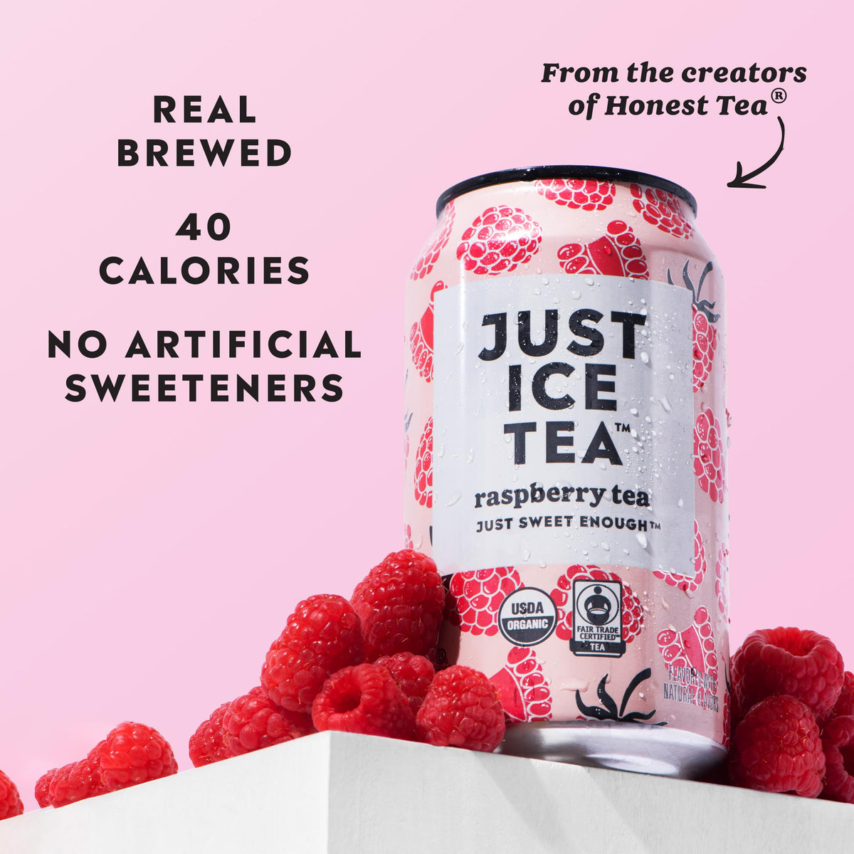 Just Ice Tea Raspberry Flavored Black Iced Tea – USDA Organic, Low Calorie, 12-Pack, Made in USA