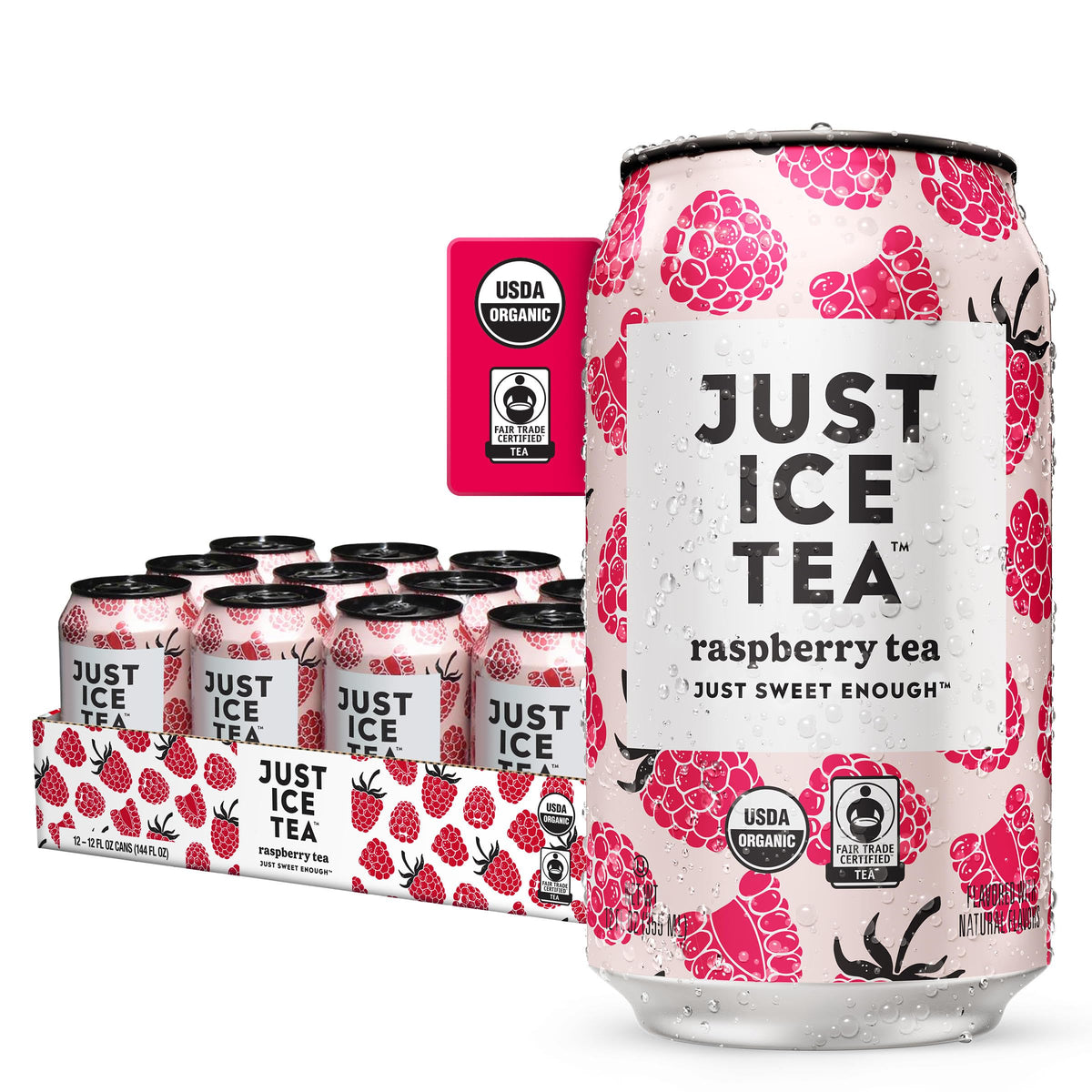 Just Ice Tea Raspberry Flavored Black Iced Tea – USDA Organic, Low Calorie, 12-Pack, Made in USA