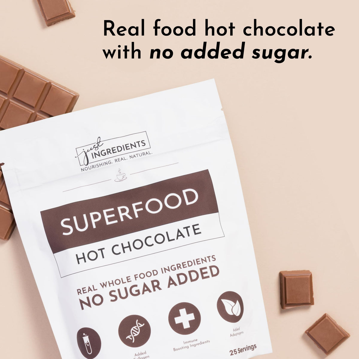 Just Ingredients Superfood Hot Chocolate | 25 Servings, No Sugar Added, Organic Cacao, Collagen & Adaptogens