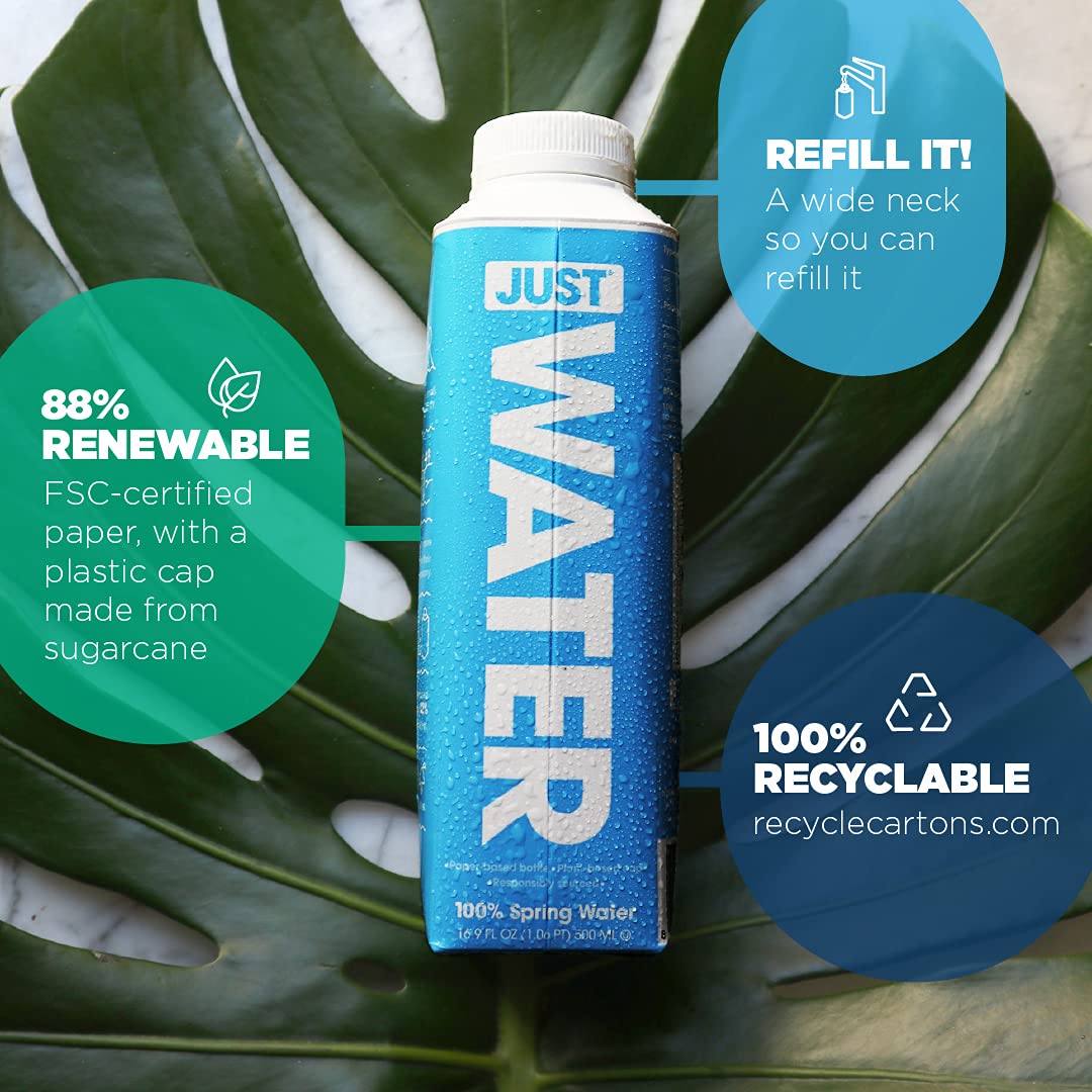 JUST Water Premium Pure Still Spring Water — BPA-Free Plant-Based Bottle, Naturally Alkaline 8.0 pH, 16.9 oz Pack of 12