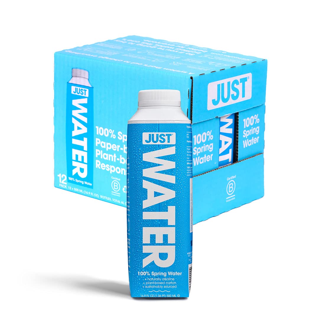 JUST Water Premium Pure Still Spring Water — BPA-Free Plant-Based Bottle, Naturally Alkaline 8.0 pH, 16.9 oz Pack of 12