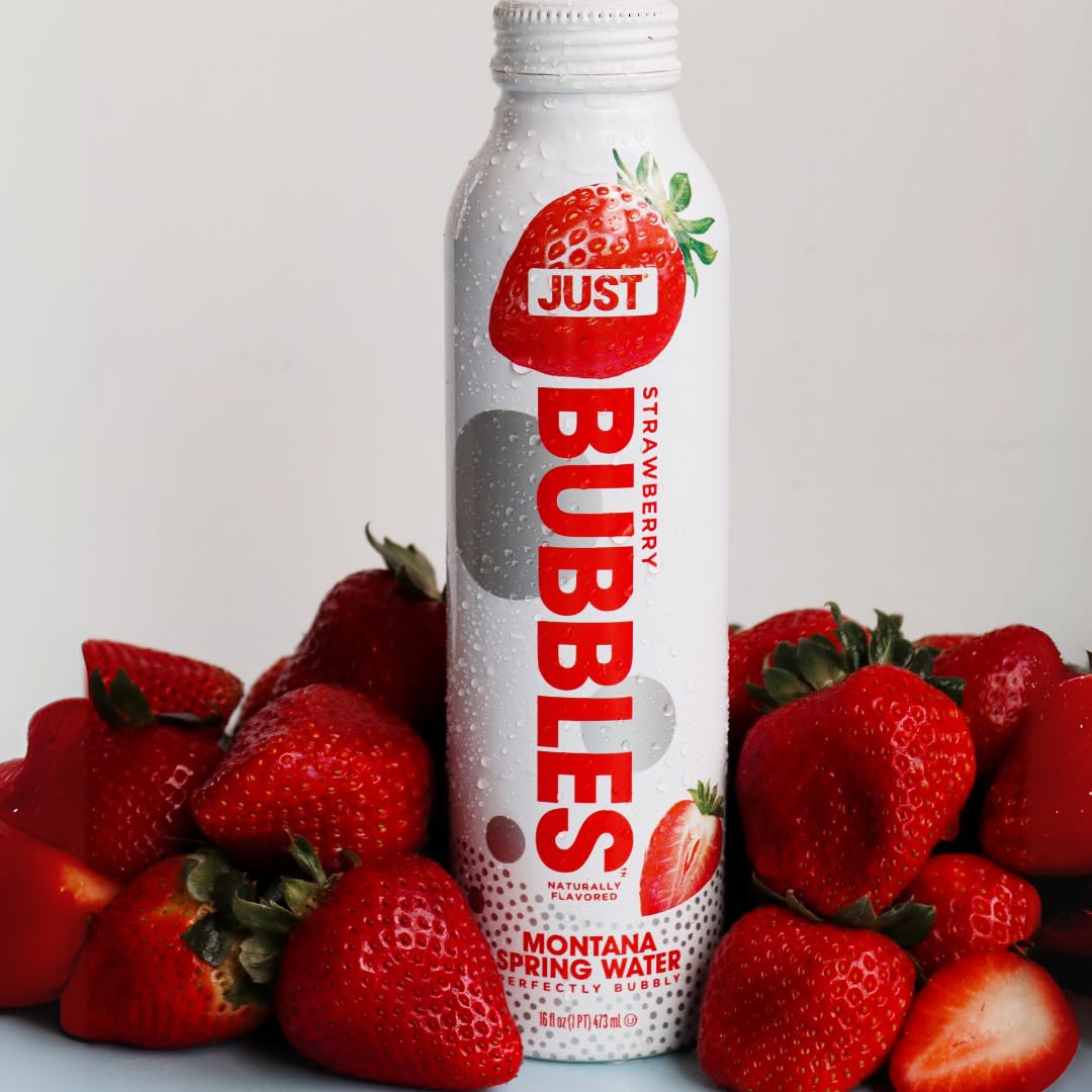 JUST Water Bubbles Strawberry – Premium Sparkling Spring Water in Reusable Aluminum Bottle (16 oz)