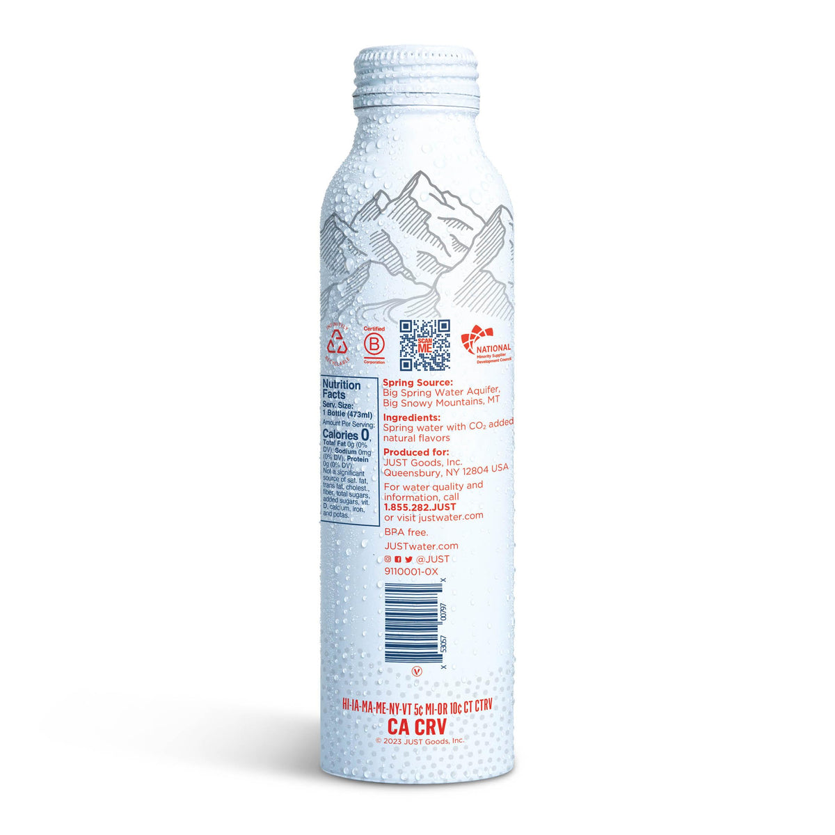 JUST Water Bubbles Strawberry – Premium Sparkling Spring Water in Reusable Aluminum Bottle (16 oz)