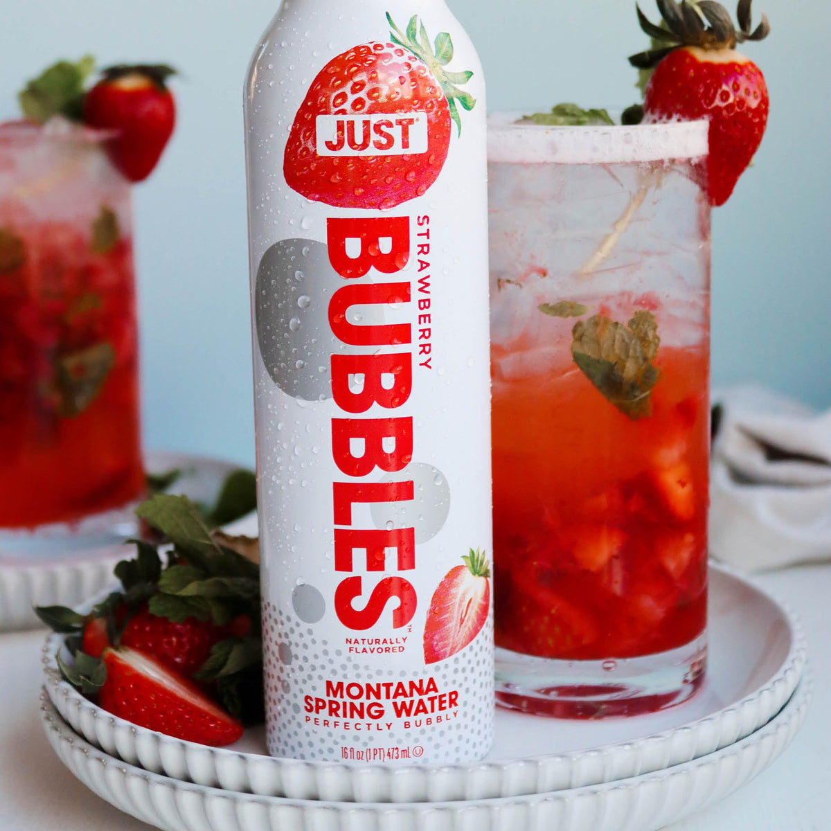 JUST Water Bubbles Strawberry – Premium Sparkling Spring Water in Reusable Aluminum Bottle (16 oz)