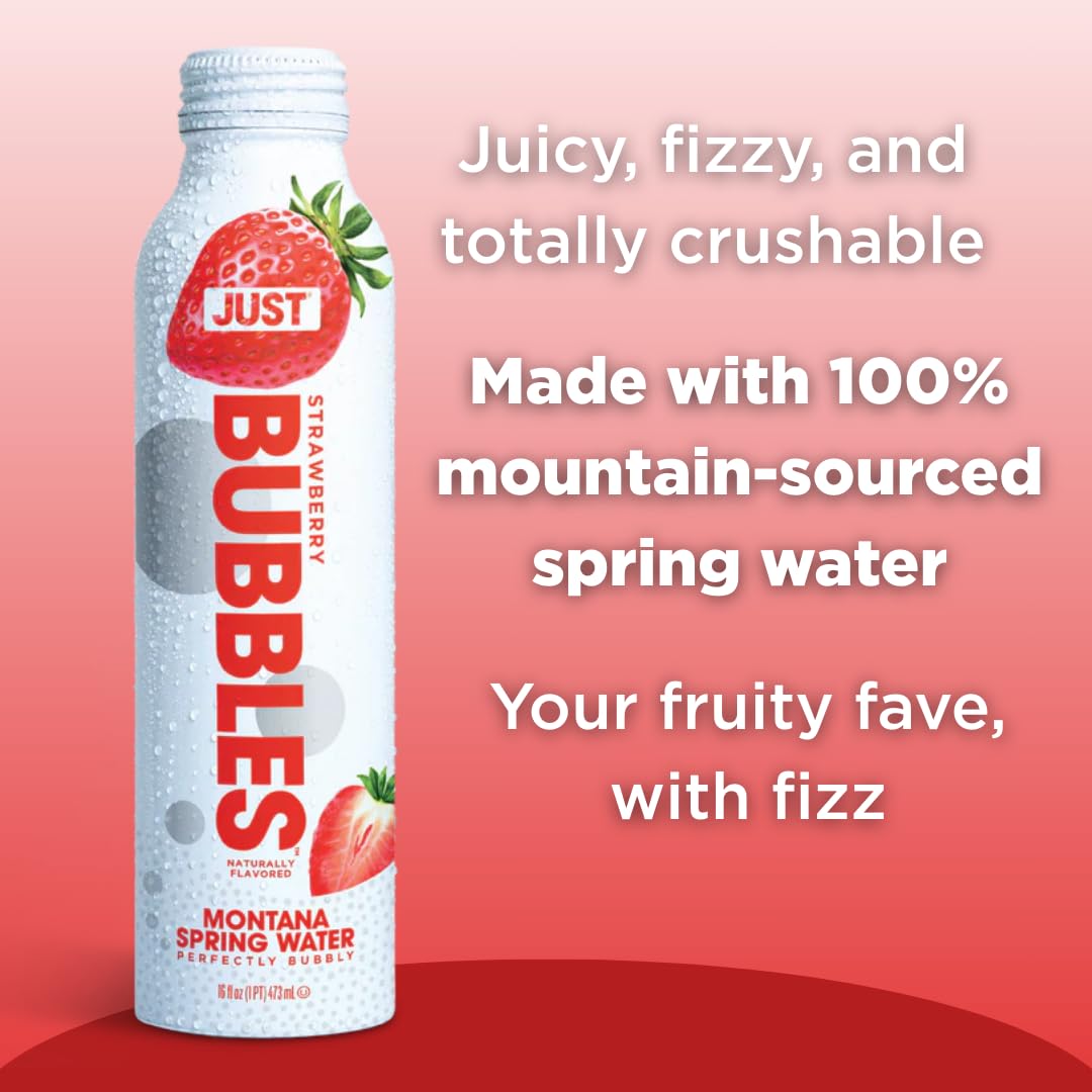 JUST Water Bubbles Strawberry – Premium Sparkling Spring Water in Reusable Aluminum Bottle (16 oz)