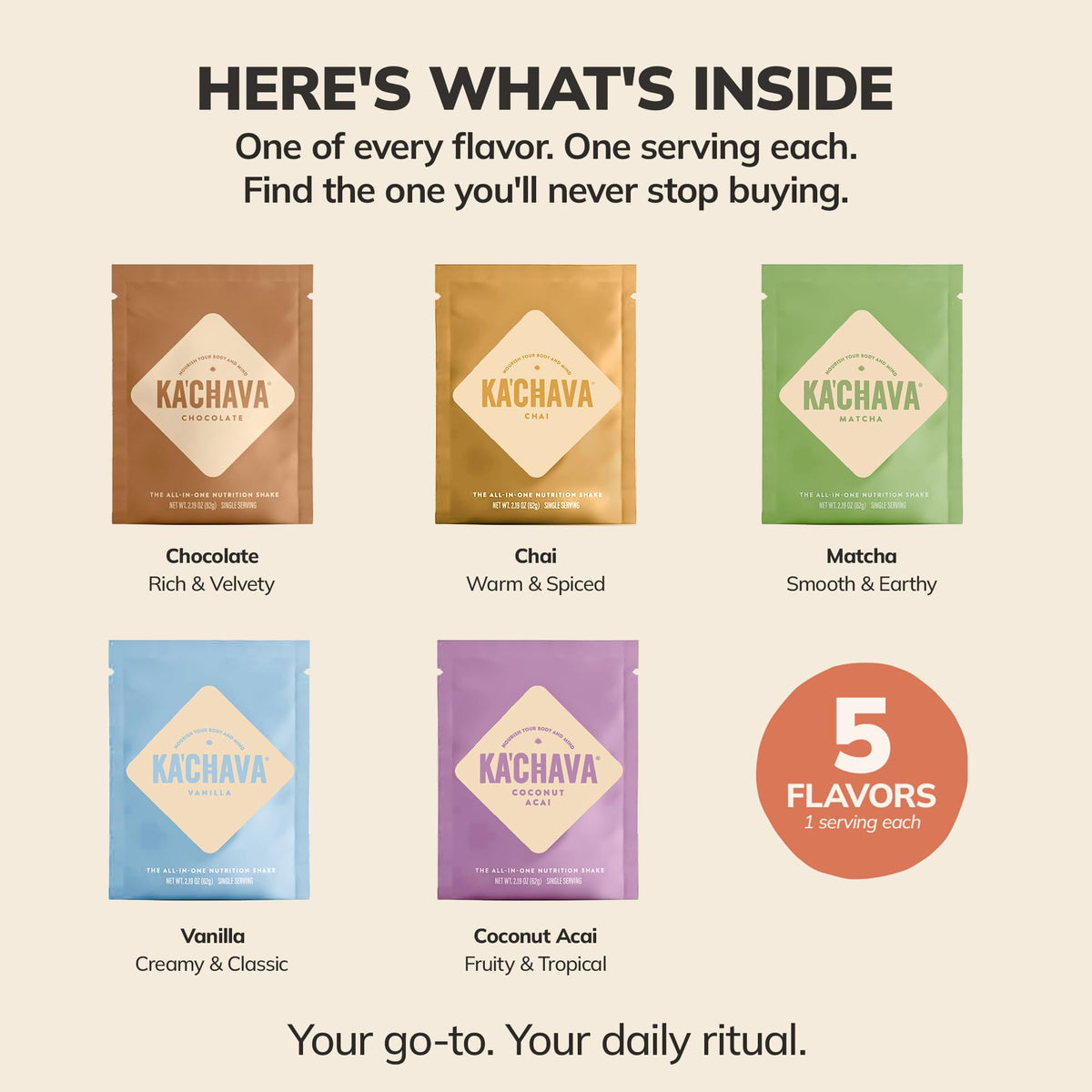Ka’Chava All-In-One Nutrition Shake – 5 Flavor Sample Pack (5 Servings) | 85+ Superfoods