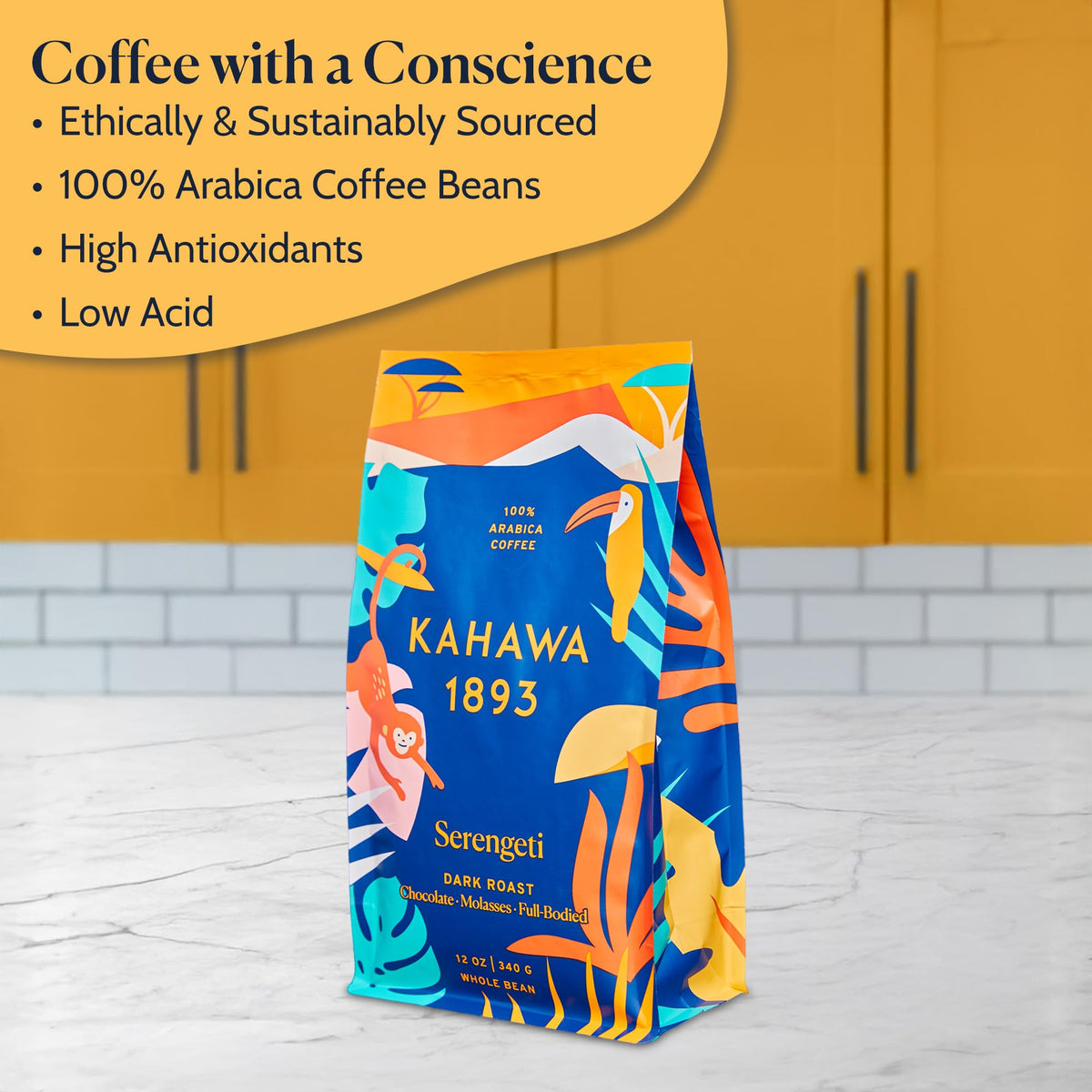 Kahawa 1893 Serengeti Blend Dark Roast – Whole Bean Coffee, 24 oz | Low Acid, Organic & Ethically Sourced