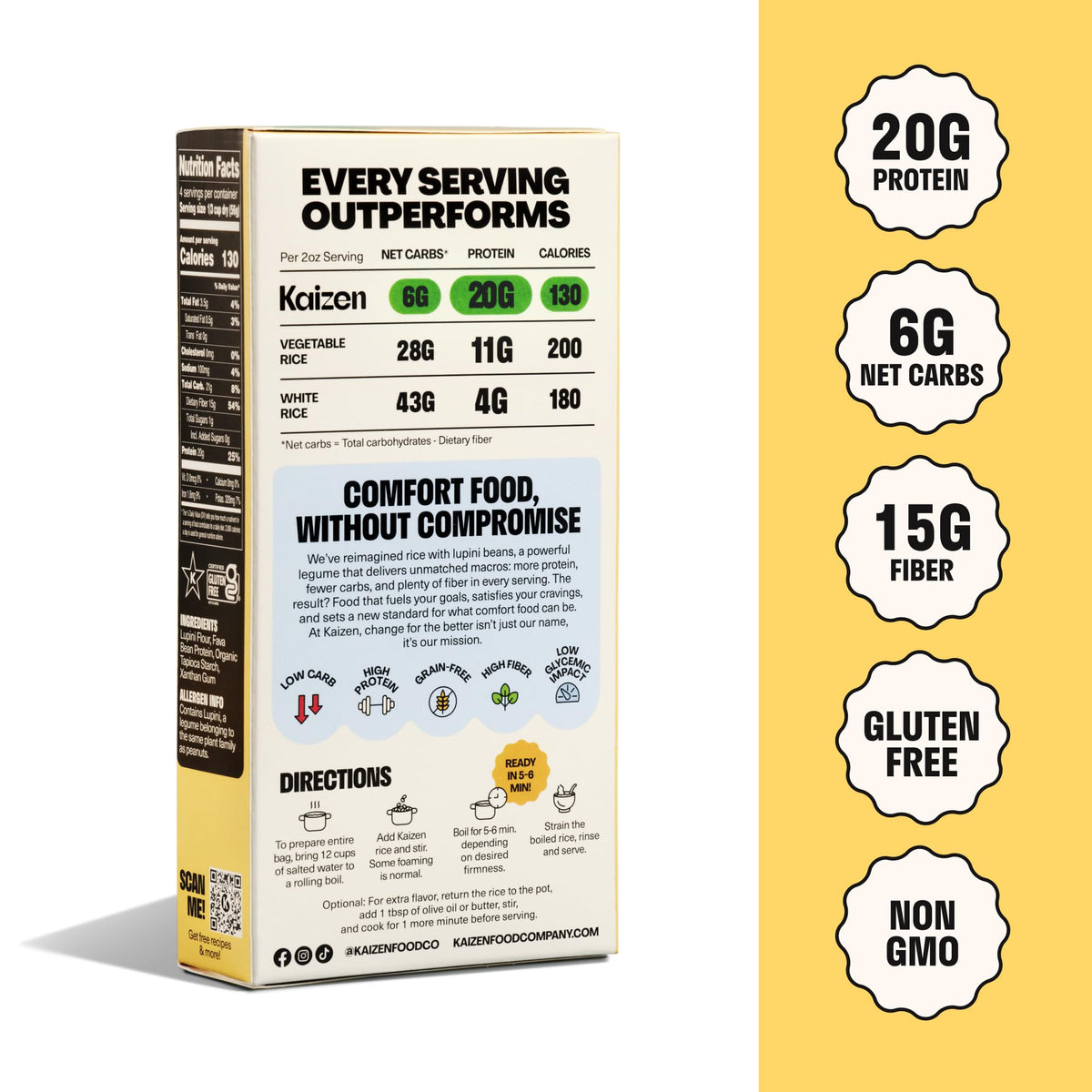 Kaizen Protein Rice Variety Pack – 20g Protein, 6g Net Carbs per Serving, Keto-Friendly, Gluten-Free, Plant-Based Lupini Beans, 8 oz x 3