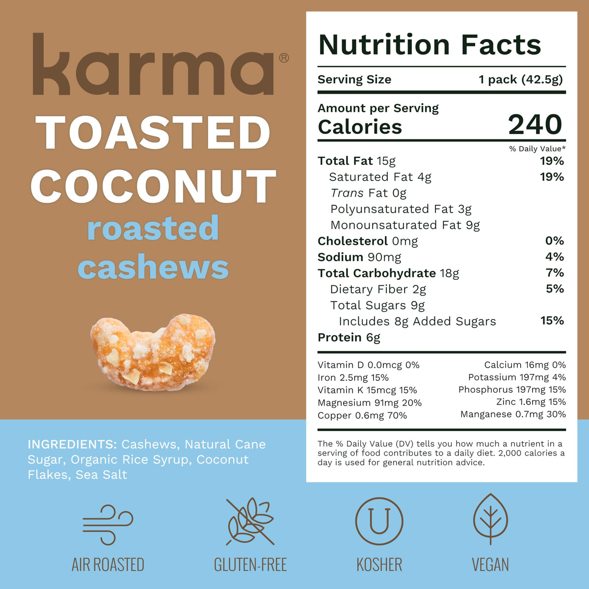 Karma Nuts Toasted Coconut Cashews – 1.5 oz Pack (12) | Vegan, Gluten Free, Air Roasted, Low Net Carb