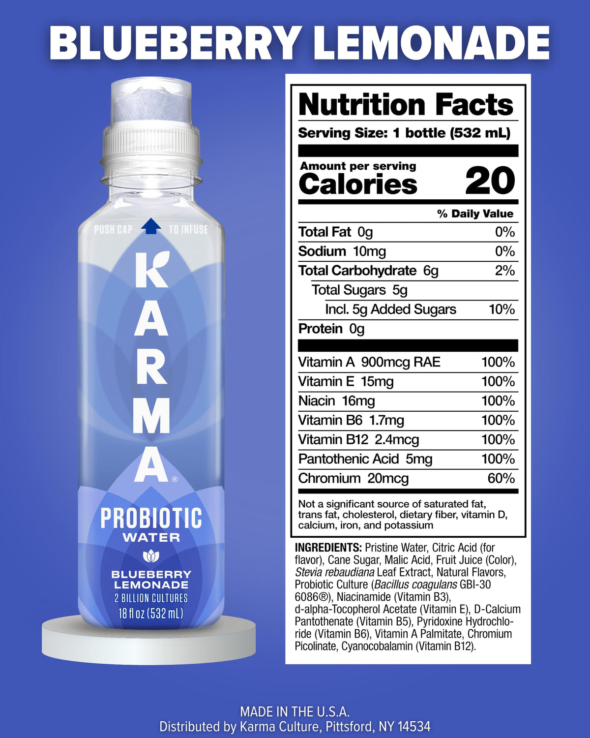 Karma Probiotic Water - 12 Pack Blueberry Lemonade | Immune & Gut Health Support