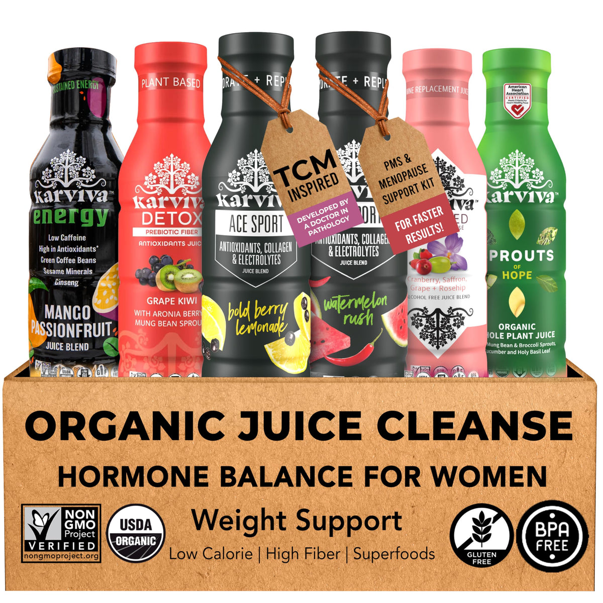 Karviva Juice Cleanse for Women’s Hormone Balance | Detox, Energy & Skin Health | Non-GMO, 6 BPA-Free Bottles