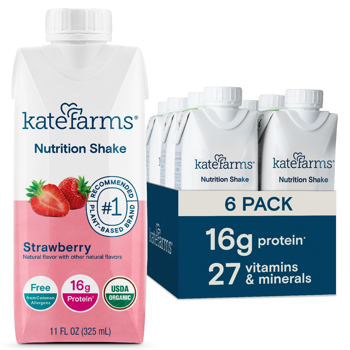 Kate Farms Organic Nutrition Shake – Strawberry, 16g Protein, 27 Vitamins & Minerals, 11 oz (12 Pack)
