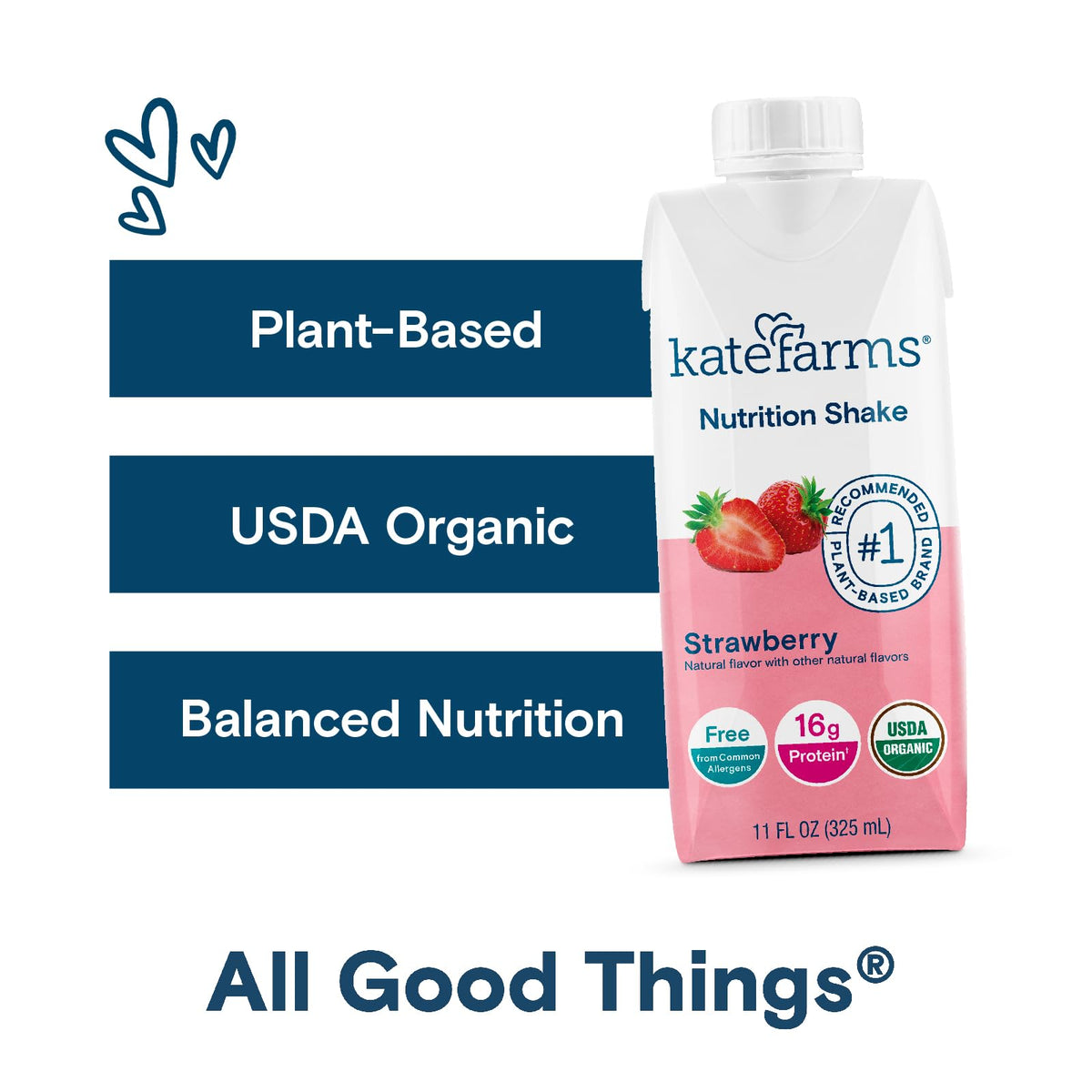Kate Farms Organic Nutrition Shake – Strawberry, 16g Protein, 27 Vitamins & Minerals, 11 oz (12 Pack)