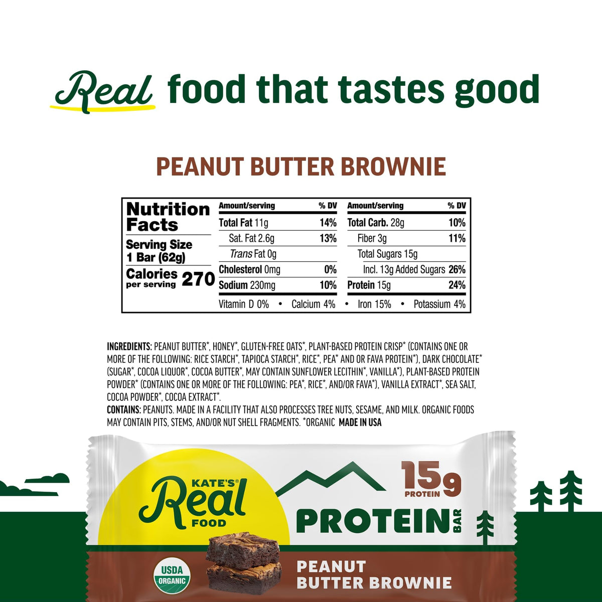 Kate's Real Food Organic Protein Bars - Peanut Butter Brownie, 2.2 oz, Pack of 12 | Plant-Based, Gluten Free, Non-GMO