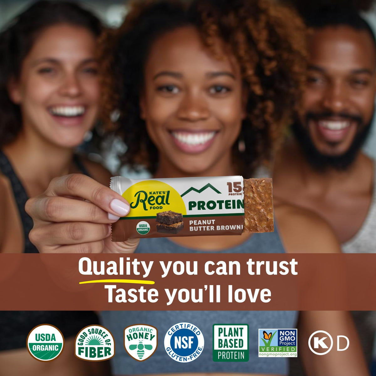 Kate's Real Food Organic Protein Bars - Peanut Butter Brownie, 2.2 oz, Pack of 12 | Plant-Based, Gluten Free, Non-GMO