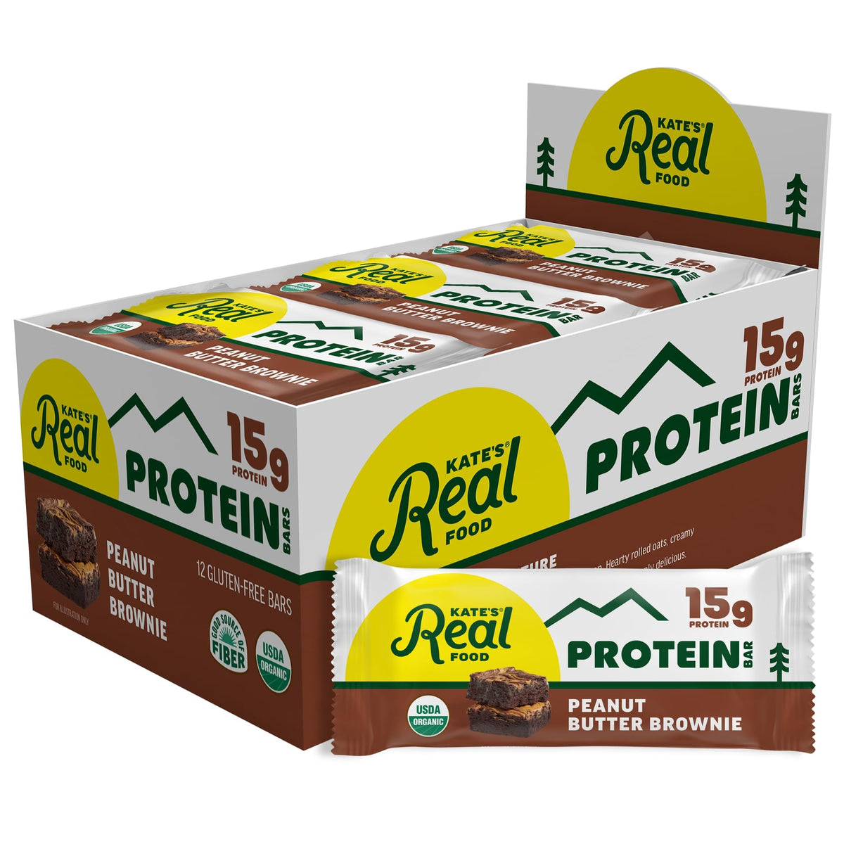 Kate's Real Food Organic Protein Bars - Peanut Butter Brownie, 2.2 oz, Pack of 12 | Plant-Based, Gluten Free, Non-GMO