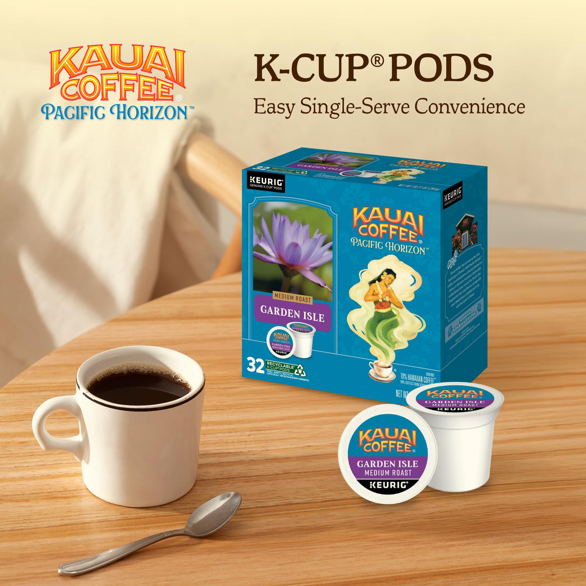 Kauai Coffee Garden Isle K-Cup Pods for Keurig – Medium Roast, 10% Hawaiian Arabica, 32-Count