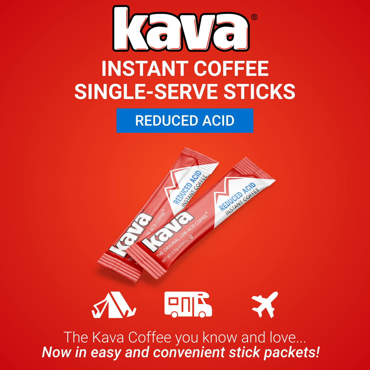 Kava Low Acid Instant Coffee Single-Serve Sticks – Pack of 3 (60 Packets) | Travel-Ready, Reduced-Acid Coffee