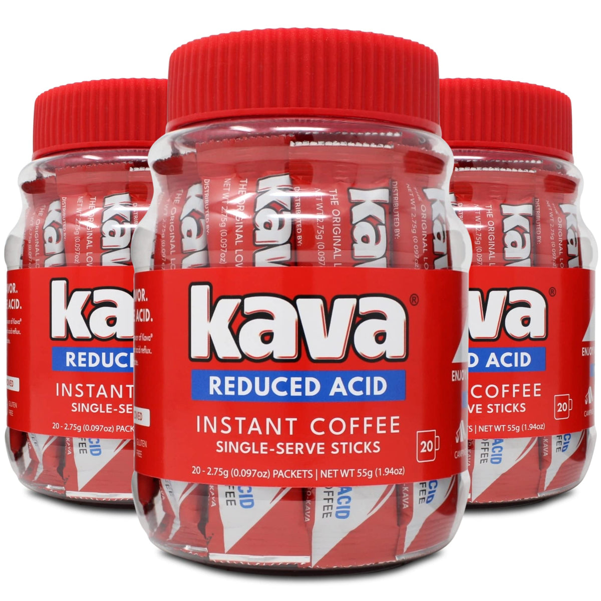 Kava Low Acid Instant Coffee Single-Serve Sticks – Pack of 3 (60 Packets) | Travel-Ready, Reduced-Acid Coffee