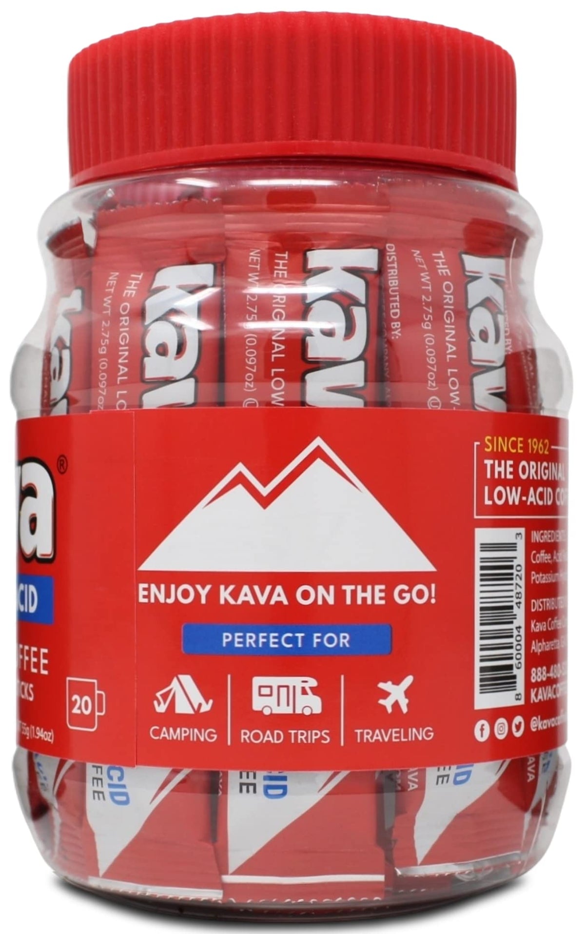 Kava Low Acid Instant Coffee Single-Serve Sticks – Pack of 3 (60 Packets) | Travel-Ready, Reduced-Acid Coffee