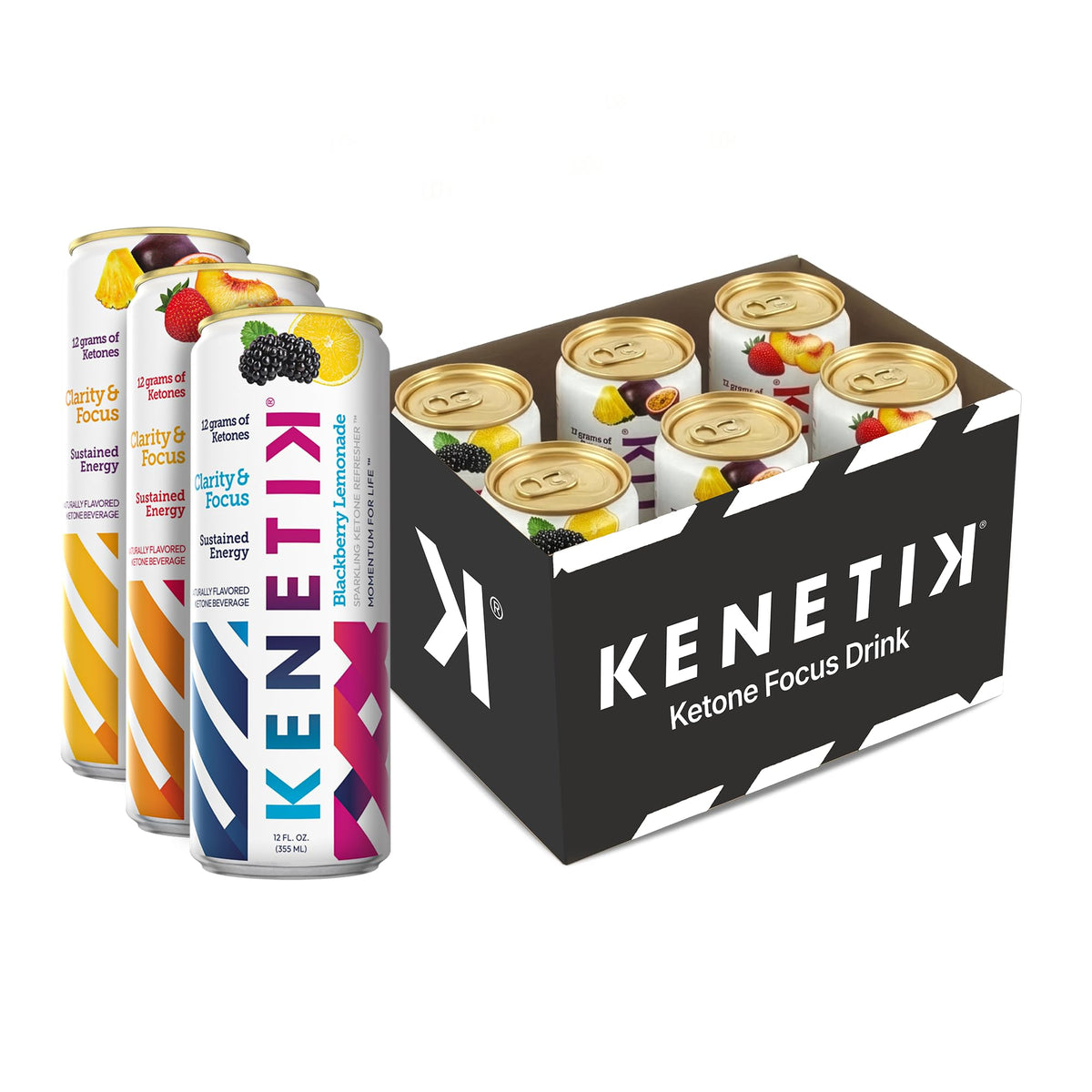 KENETIK Caffeine-Free Focus Drink — Brain Fuel with D-BHB Ketones, Sugar-Free 12oz Can (6 Pack) | Variety