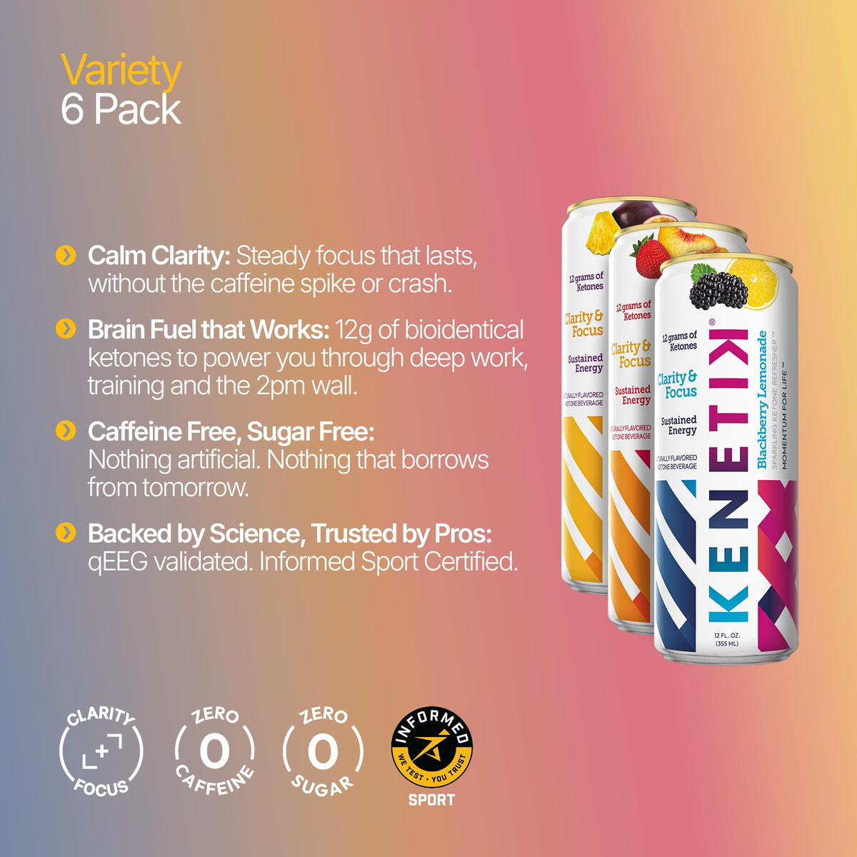 KENETIK Caffeine-Free Focus Drink — Brain Fuel with D-BHB Ketones, Sugar-Free 12oz Can (6 Pack) | Variety